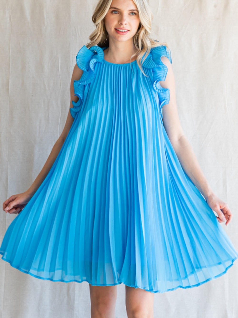JODIFL Pleated Ruffle-Sleeve Dress in Bright Blue